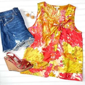 J. Crew Floral Tie-Neck Sleeveless Shell in Yellow, Pink & Red